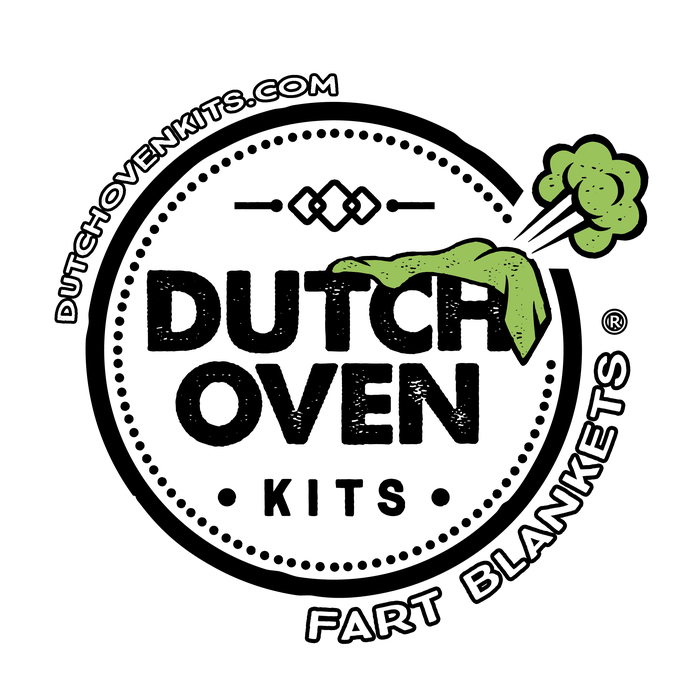 picture of dutch oven kits logo. circle with dutch oven kits in the center. green blanket with a fart cloud.