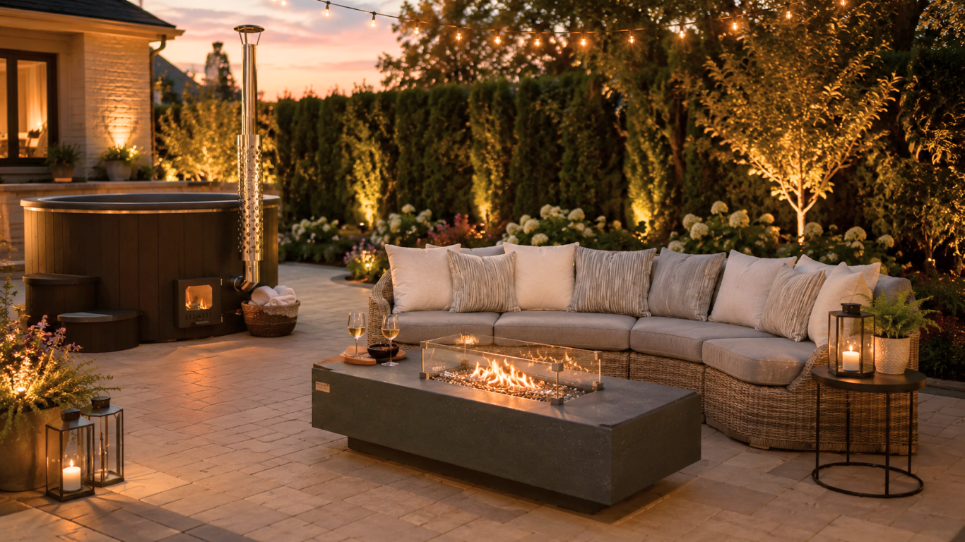 a nice outdoor space with cold plunge and a sectional chair with a fire table iin front of the sectionals .