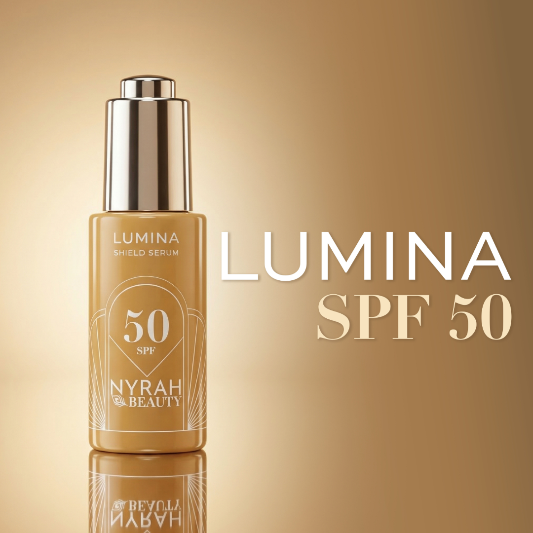 Nyrah Beauty Lumina Shield Serum bottle with SPF 50 on a white background