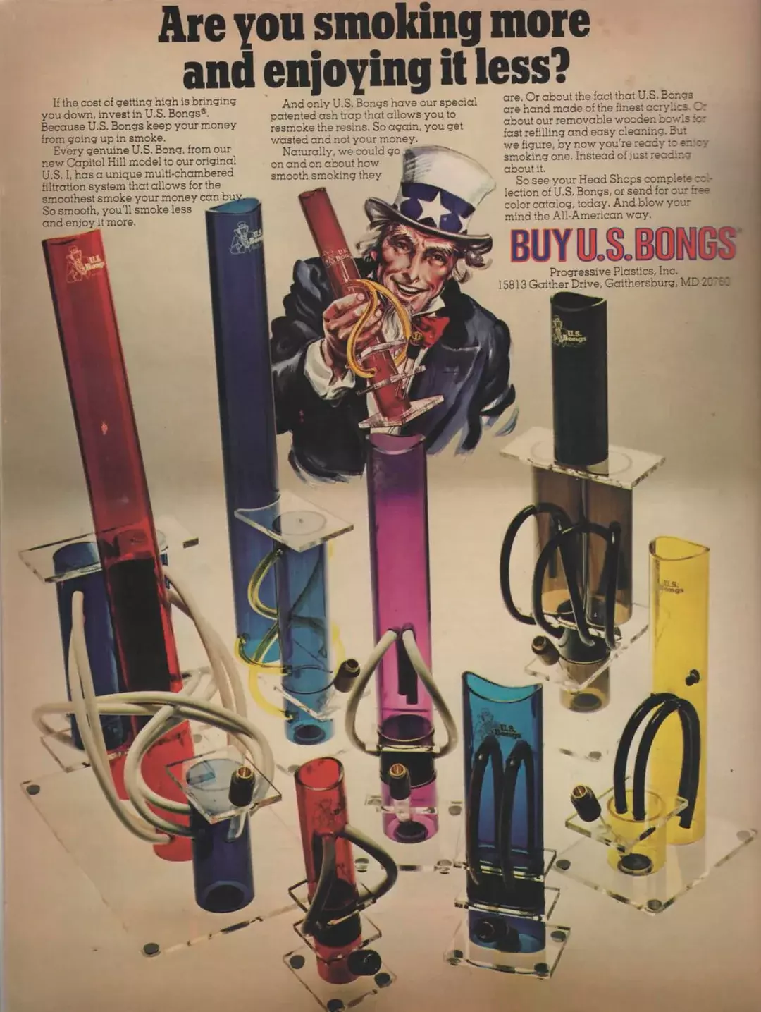 Vintage catalog scan from the 1970s showcasing early US Bong branded acrylic water pipes with whip attachments in bold colors (blue, red, purple, and yellow). The illustration of Uncle Sam highlights the commercial, mass-produced origins of acrylic bongs in smoking history.