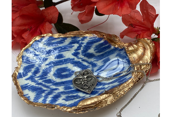 Blue and White Oyster Shell Jewelry Dish with Mother;s Day Necklace