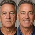 before after image of male in his 50's showing improved appearance of eye bags