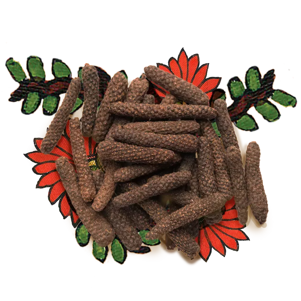 Bunch of long pepper kept over an artwork of bright orange flowers and leaves