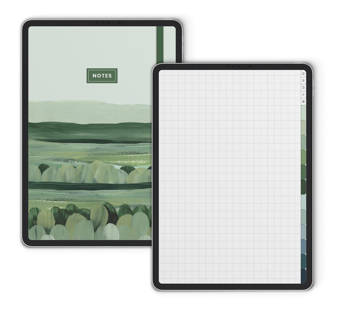 Pastures digital notebook shown on iPad with tabbed sections and note pages