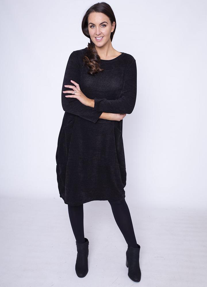 Velour Pocket Dress in Black