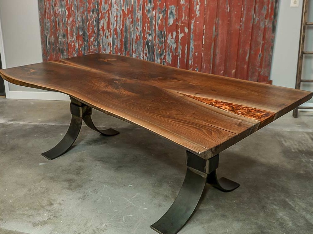black walnut epoxy dining table with copper epoxy