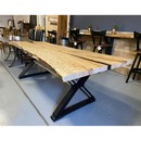 rectangular live edge curly maple dining table with X steel base