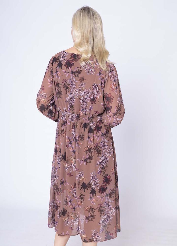 Floral Print Pleat Dress in Camel