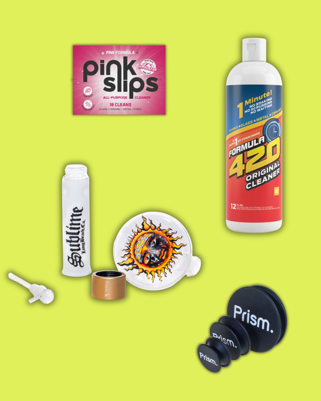 A graphic image of an ideal Prism cleaning bundle, including cleaning caps, Formula 420 Cleaner, a disassembled Sublime Bong, and Pink Slips dissolvable cleaners