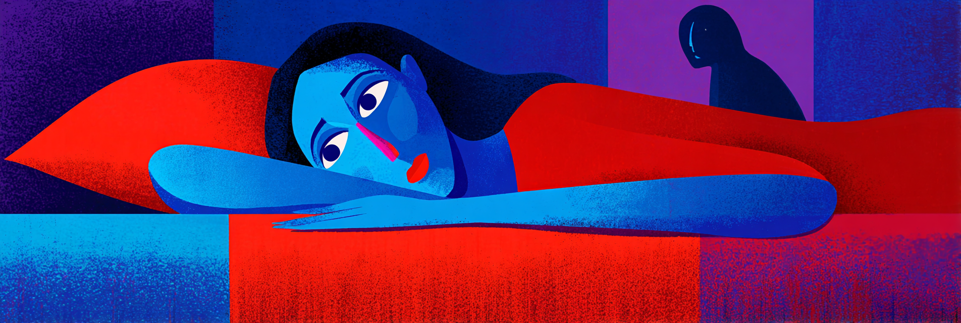 A woman lying down in bed with a shadow person lurking in the corner of her bedroom.