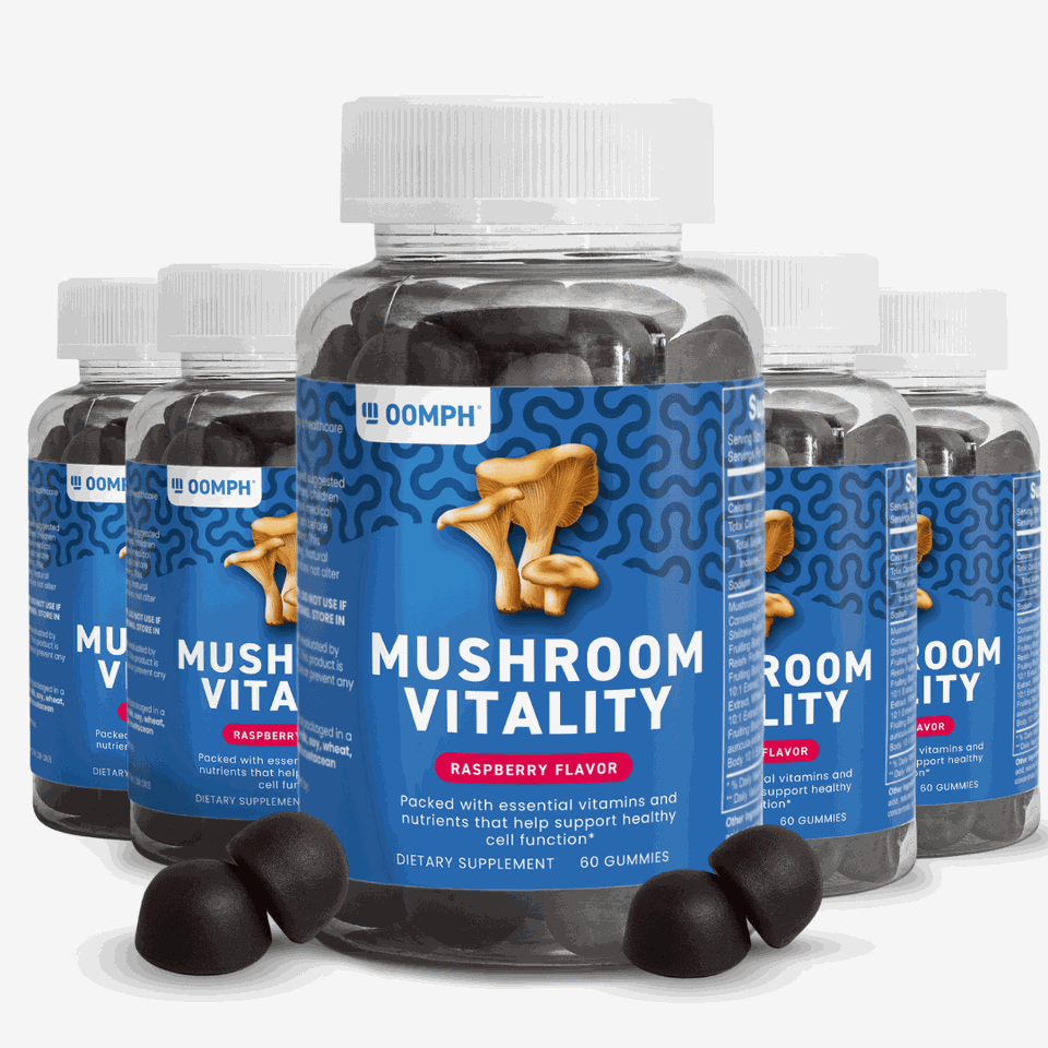 Oomph Fitness Mushroom Vitality Gummies. Elevate Your Energy Levels, Boost Cognitive Functioning, Enhance Athletic Performance, and Embrace a Natural, Power-Packed Supplement ALL in One Tasty Gummy!