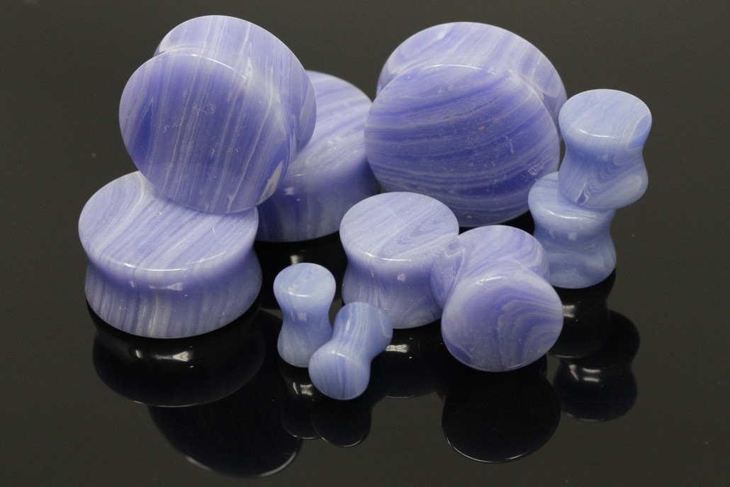 Lace Blue Agate Stretch Plugs - Double Flair Stone Plugs (Pair) - PH05