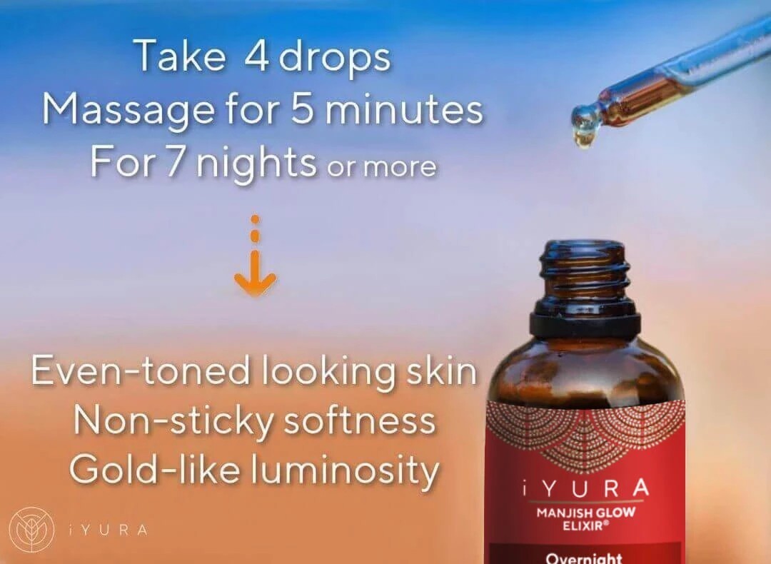Fresh Drops of iYURA Manjish Glow Elixir with text: Take 4 drops, Massage for 5 minutes, For 7 nights to get Even-toned, spotless looking skin. Non-sticky softness & Gold-like luminosity.
