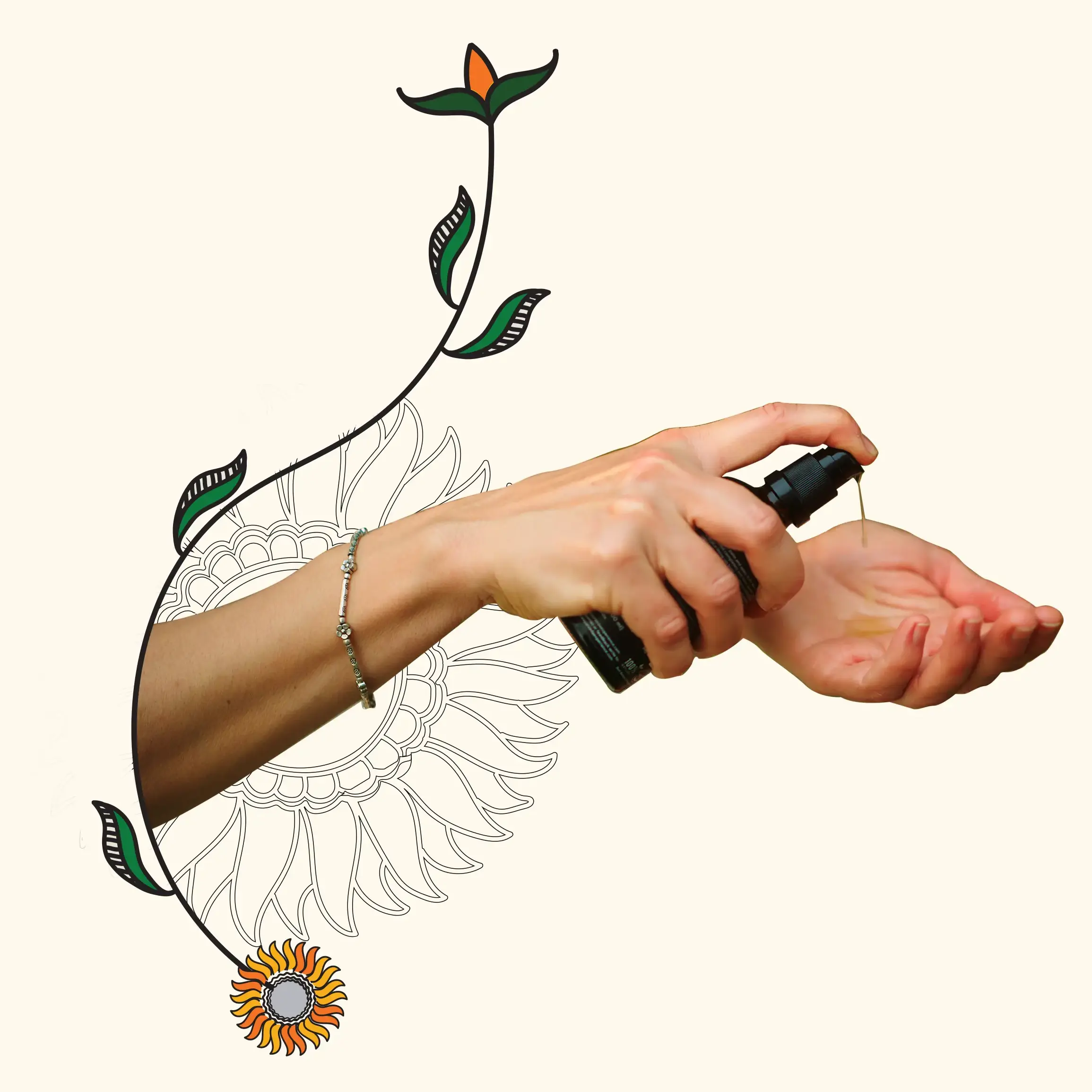 An aesthetic composition of a woman's hands using Balaayah surrounded by floral artwork