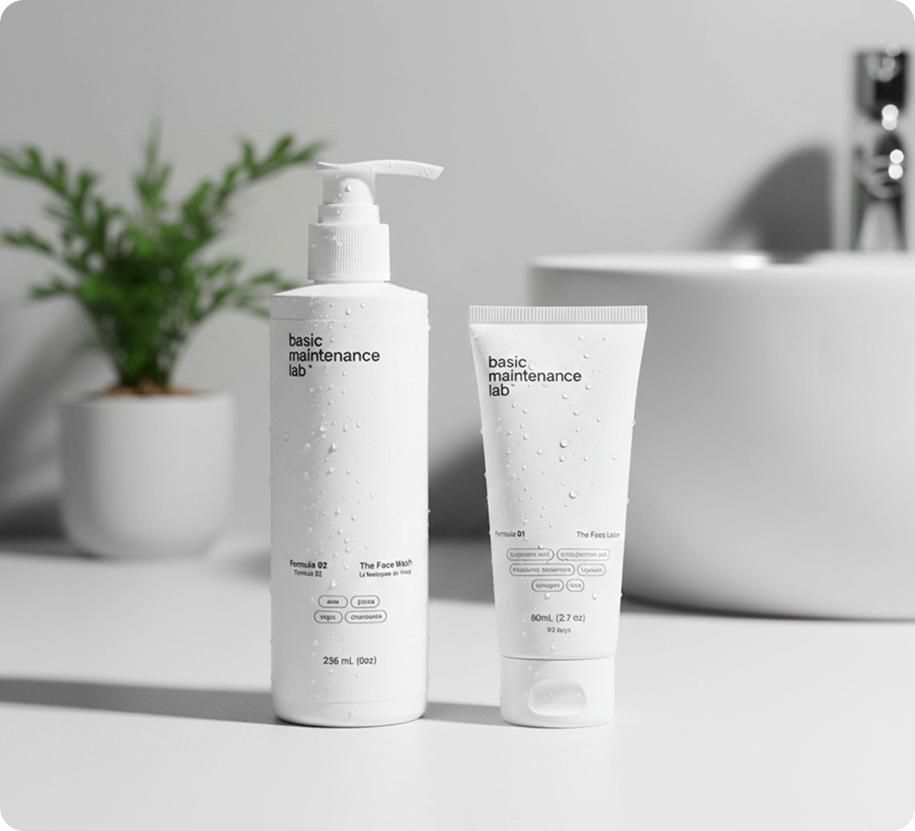 The Picture-Perfect Face System by Basic Maintenance includes a 236 mL pump bottle and a 60 mL squeeze tube, both housed in white minimalist containers with black text on a white background.