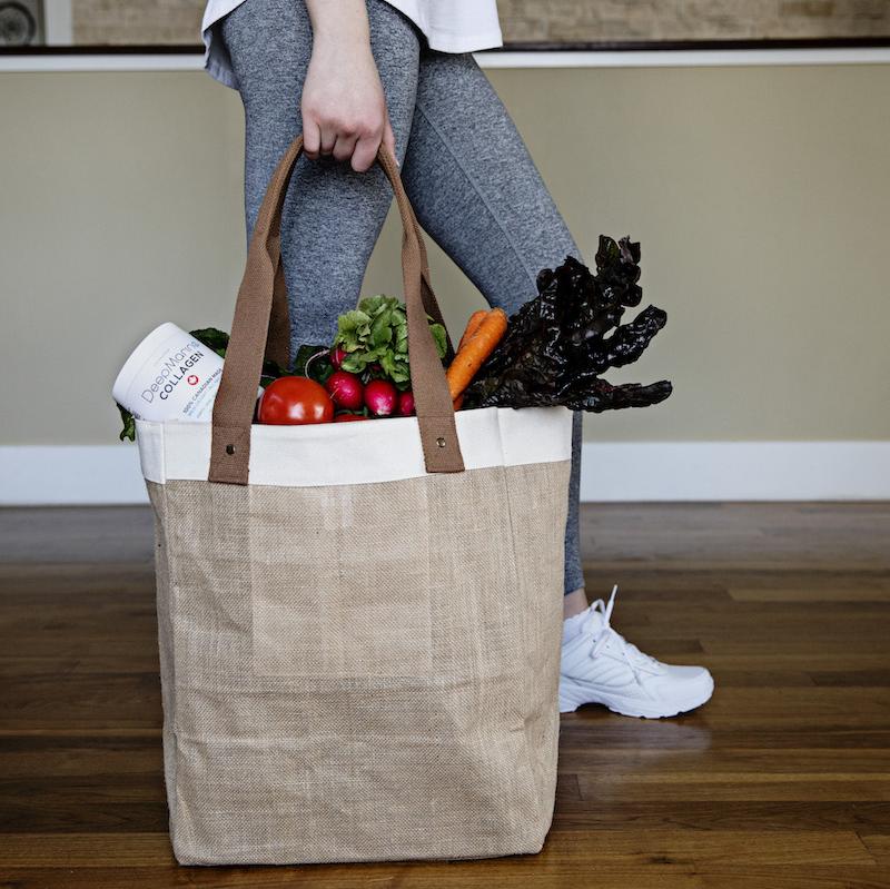 DeepMarine Collagen in a grocery bag with vegetables