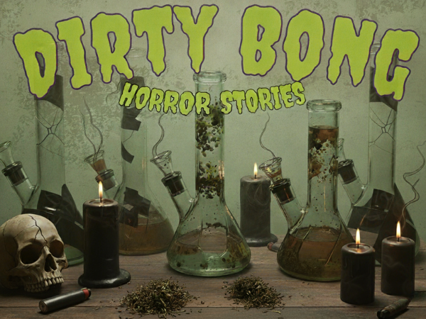 Horror-themed tablescape featuring five broken, dirty, or duct-taped bongs, reminiscent of a Goosebumps book cover. The scene includes spooky fog, a skull, lighter, ground cannabis, and candles, visually introducing the blog's dirty bong horror stories and highlighting the consequences of neglected glass pipe maintenance.