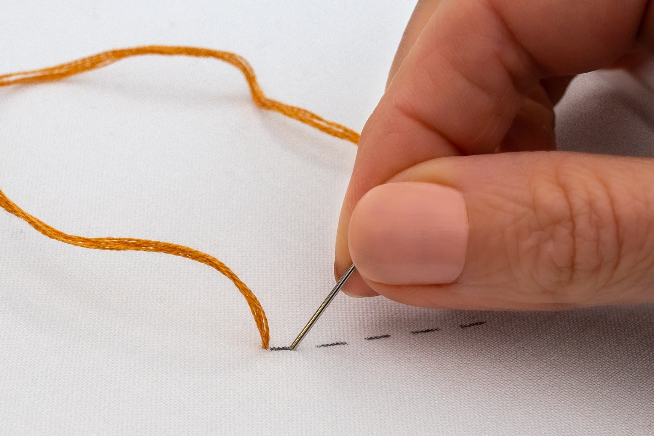 A needle pokes down a stitch length ahead.