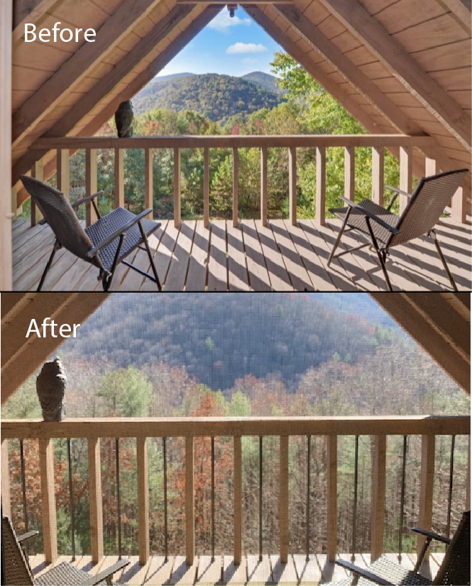 before picture above depicting Sandra's balcony with unsafe spacing between her wooden balusters. Picture below depicts Sandra's updated balcony with the snap'n lock balusters added
