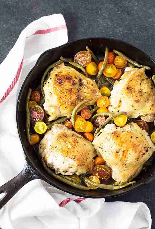 One Pan-Roasted Chicken with Lemon Herb Green Beans & Tomatoes