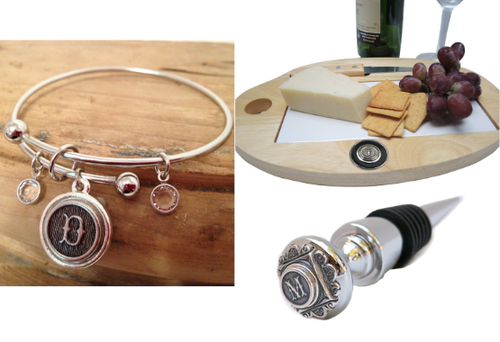 Initial bracelet, cheeseboard and wine bottle stopper every letter available