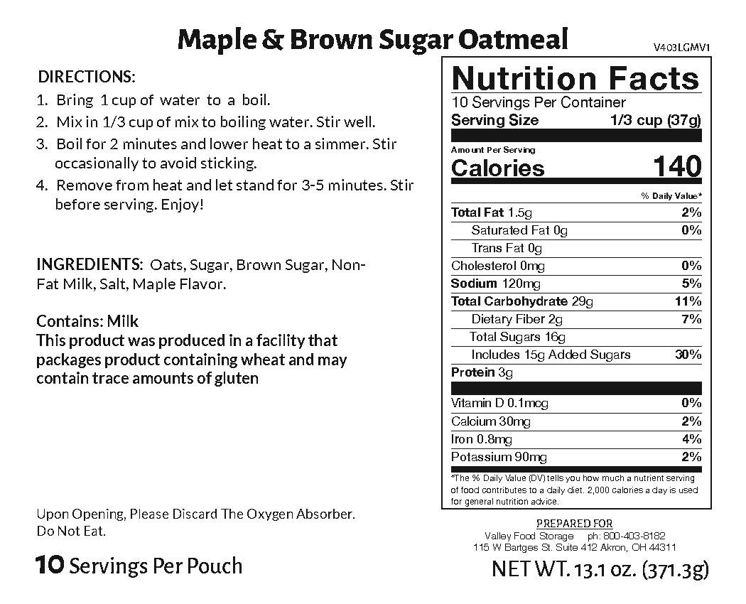 Valley Food Storage Maple and Brown Sugar Long Term Food Storage Nutrition Label
