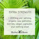 Background of saw palmetto leaves with a text box that says Extra Strength 1,000 mg per serving, organic saw palmetto berries, vegan capsules, and nothing else!
