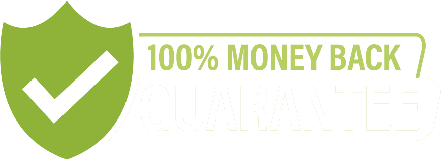 100% Money Back Guarantee with green shield and checkmark icon.