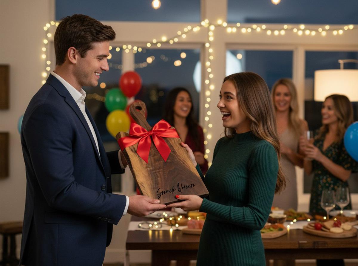 Friends enjoying food served on a live edge walnut charcuterie board as a hostess gift