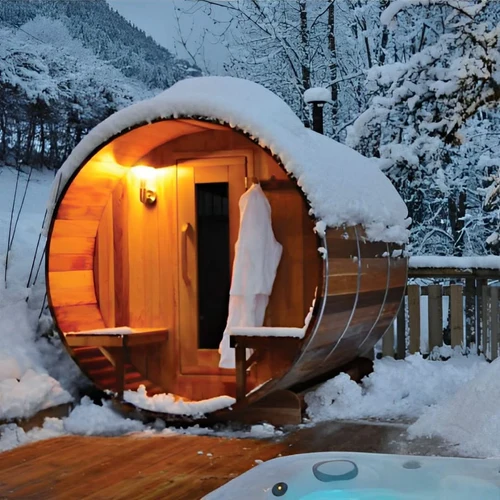 An Outdoor Sauna and in a snowy patio