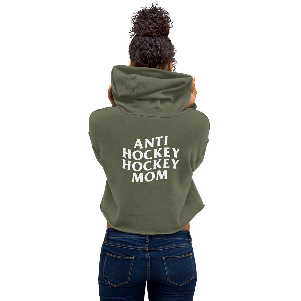 A hockey mom in a green crop hoodie. Anti Hockey Hockey Mom