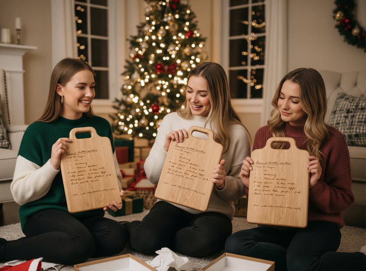 Friends enjoying food served on a live edge walnut charcuterie board as a hostess gift