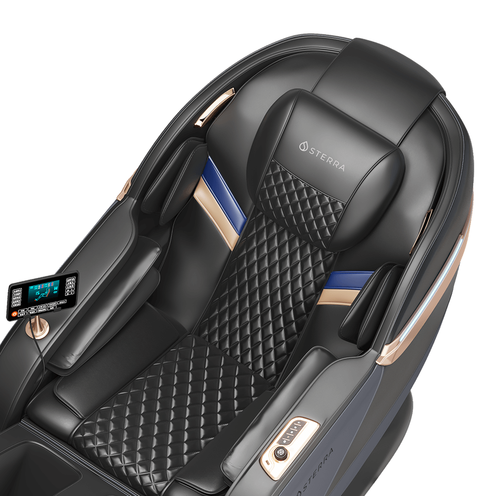 High-tech black massage chair with control panel and quilted leather design.