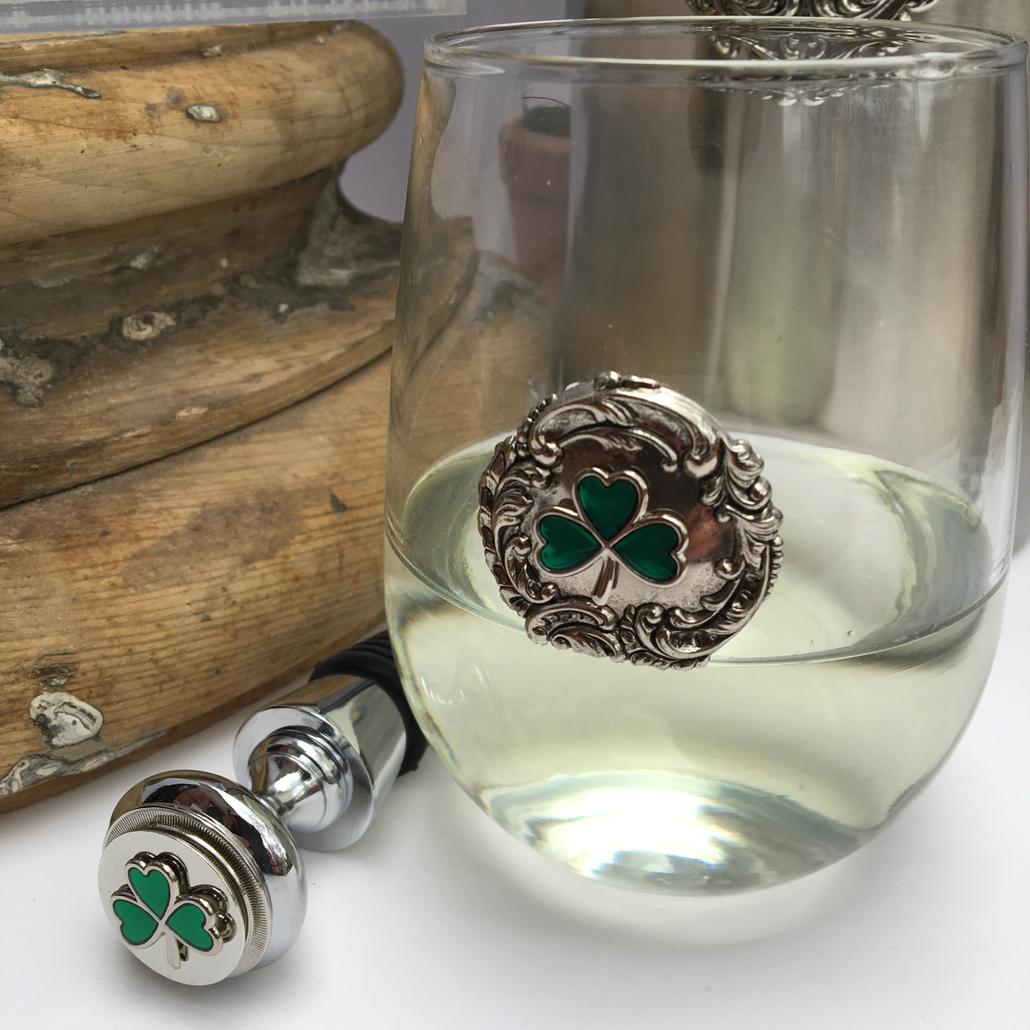 Stemless Wine Glass with Silver Medallion and Irish Shamrock