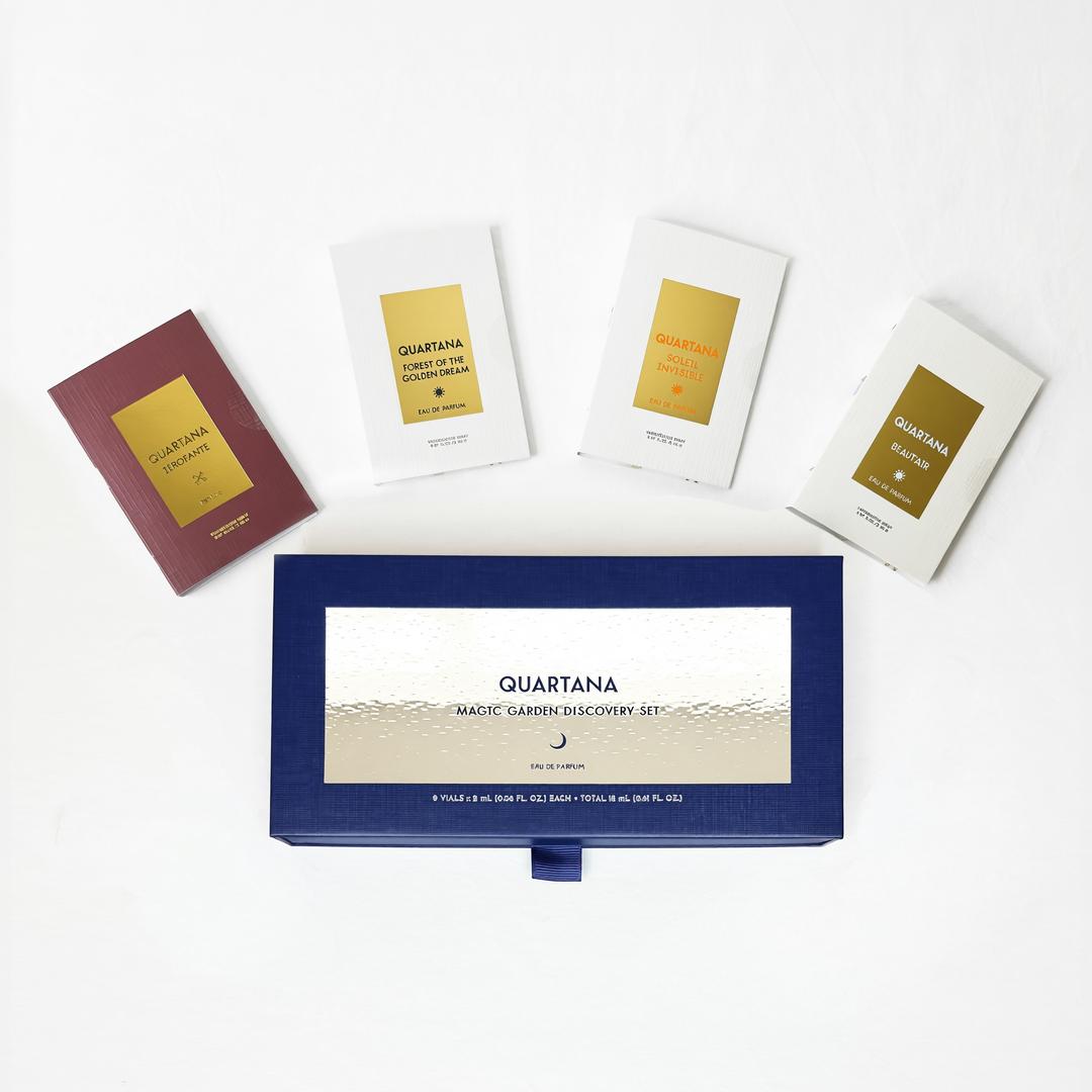 Quartana Complete Discovery Set shown with its blue slide box and several white sample cards arranged on a clean white background.