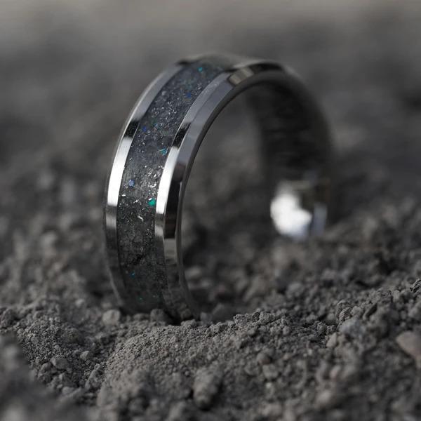 Space themed meteorite glow in the dark mens ring.