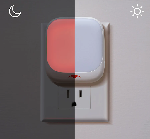 A true red night light that automatically powers on in darkness and turns off during the day.