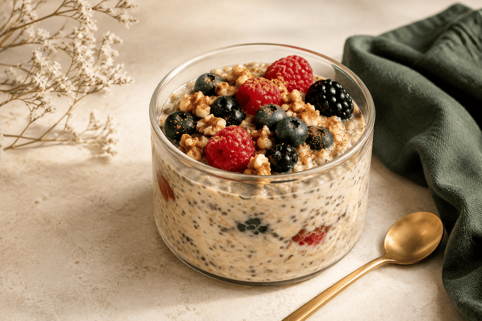 Cinnamon berry overnight oats topped with raspberries, blueberries, blackberries, walnuts and chia seeds.