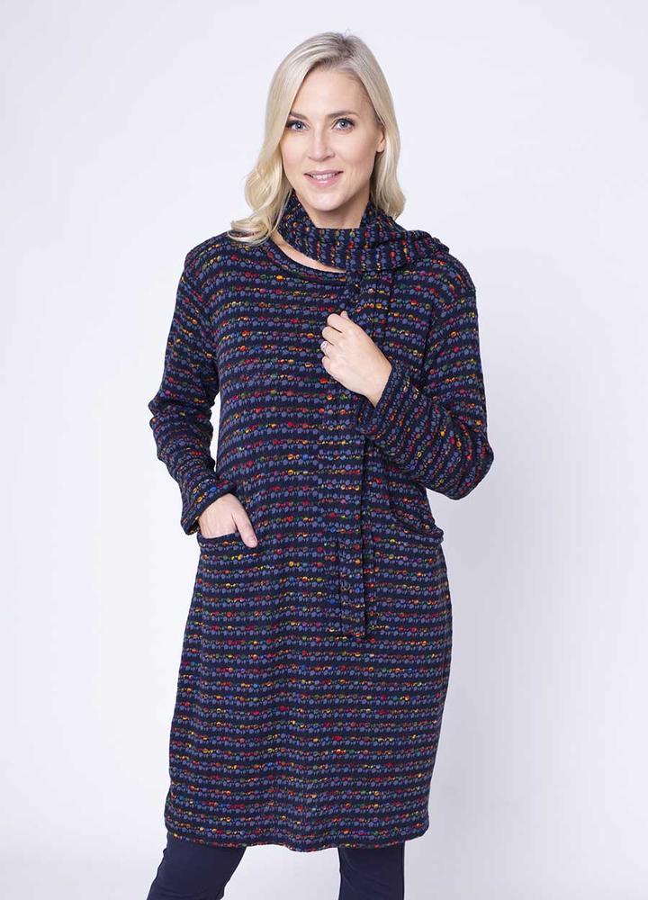 Fine Knit Pocket Dress & Scarf in Navy