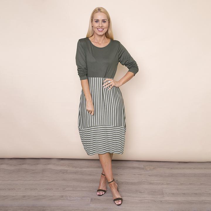 Long Sleeve Stripe Dress in Khaki