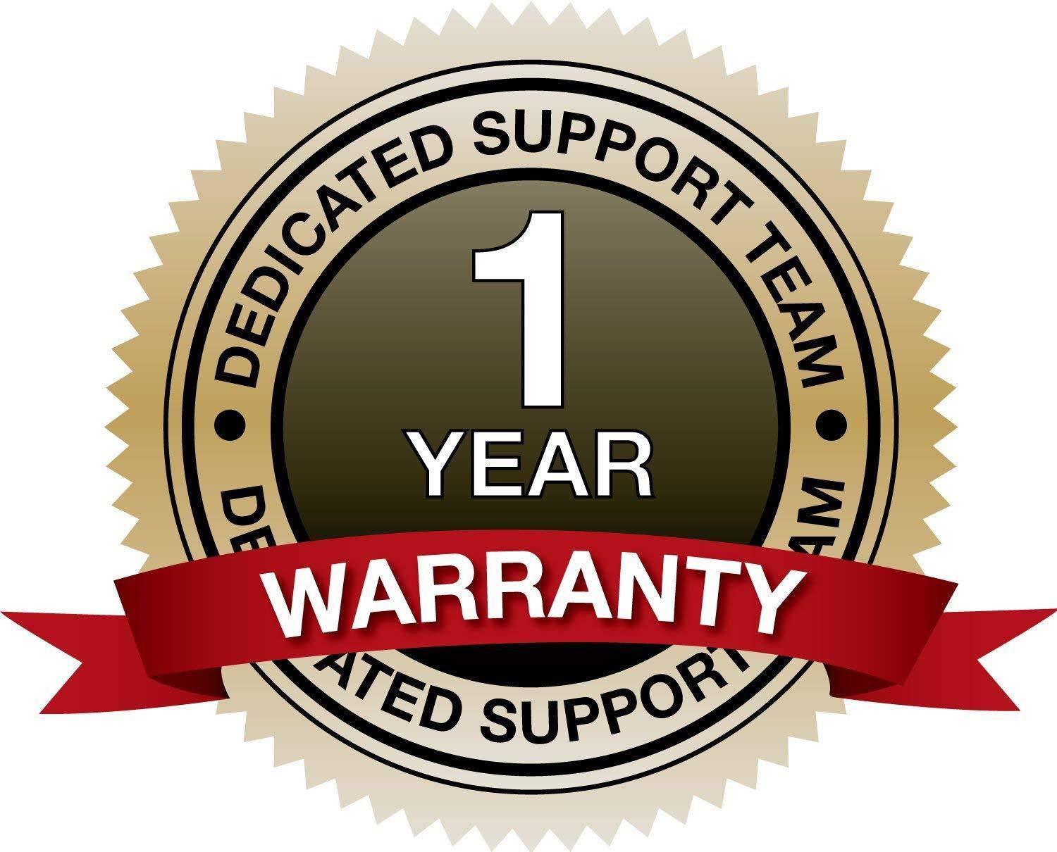 A gold and red icon with text, "1 year warranty. Dedicated support team."