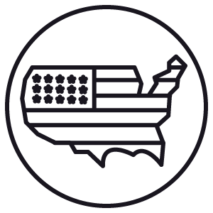 Outline of the United States filled with a stylized American flag.