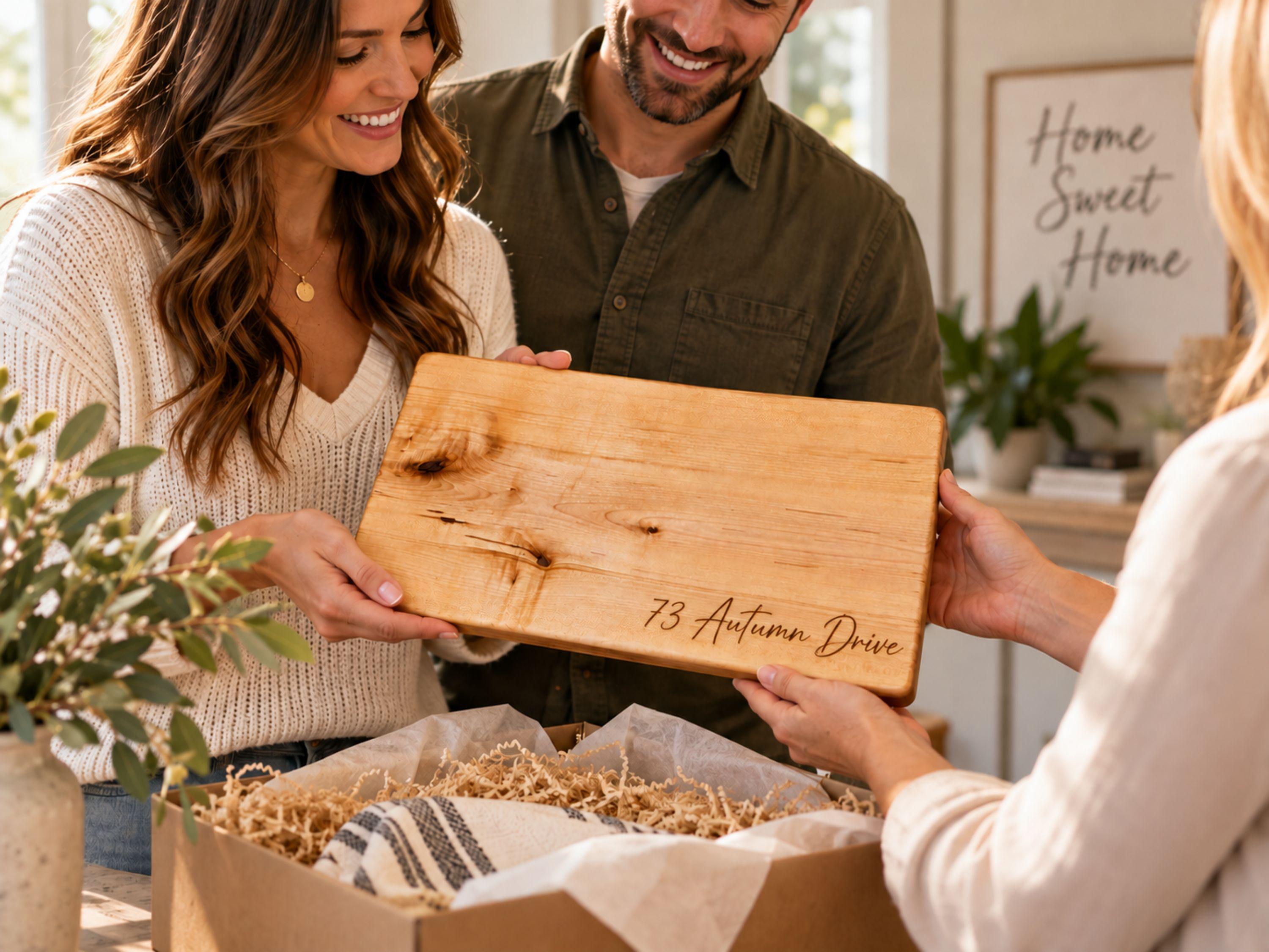 Friends giving a personalized live edge maple charcuterie board as a housewarming gift