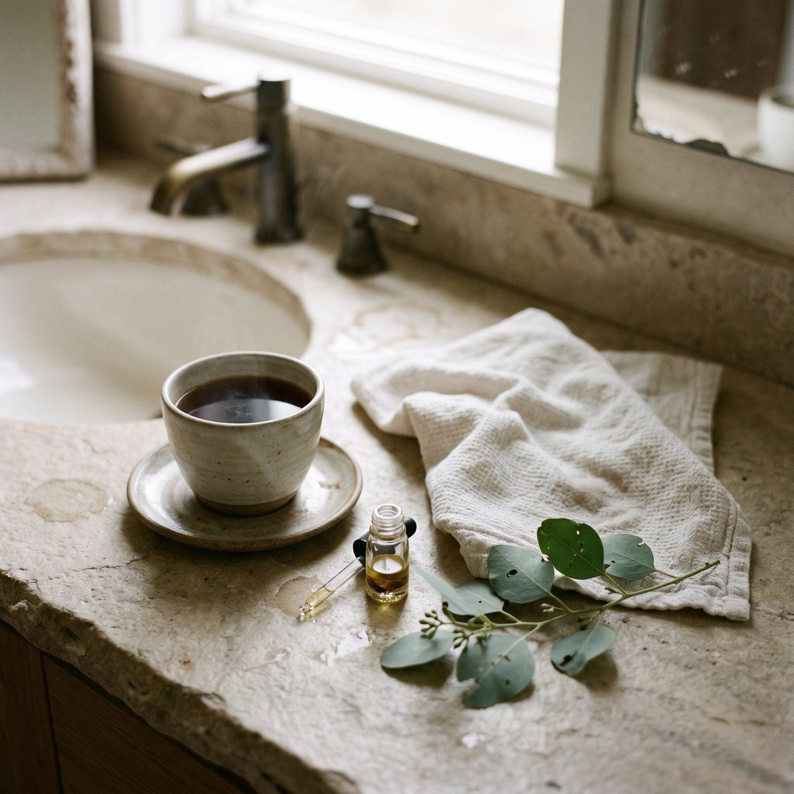 Cup of chaga tea on a stone bathroom counter with a towel and face oil