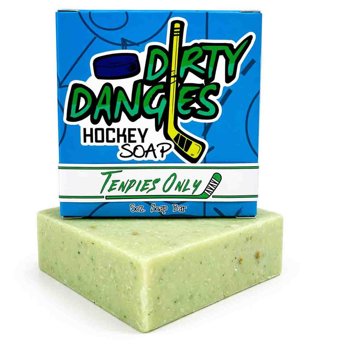 Dirty Dangles tendies only hockey soap bar with product box on a white background.