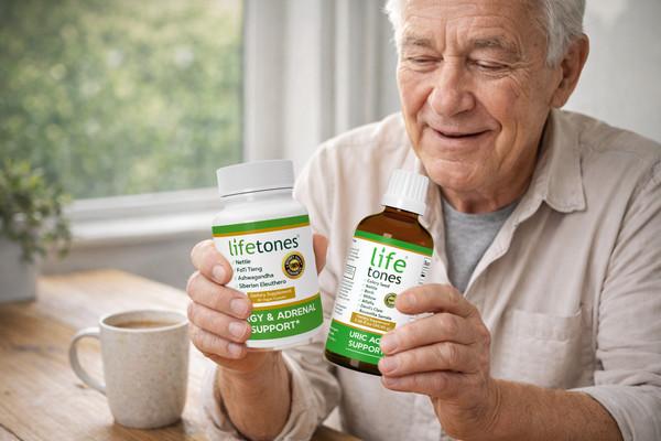 Senior male holding Lifetones Energy & Adrenal and Uric Acid Support.