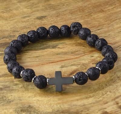 Black beaded necklace with simple black cross