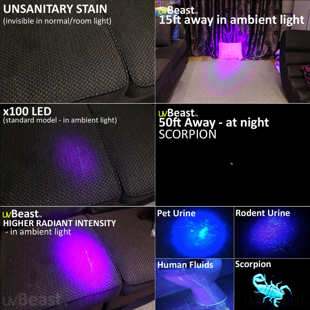 uvBeast UV Black Light Flashlight 100 LED with 30-Feet Flood Effect