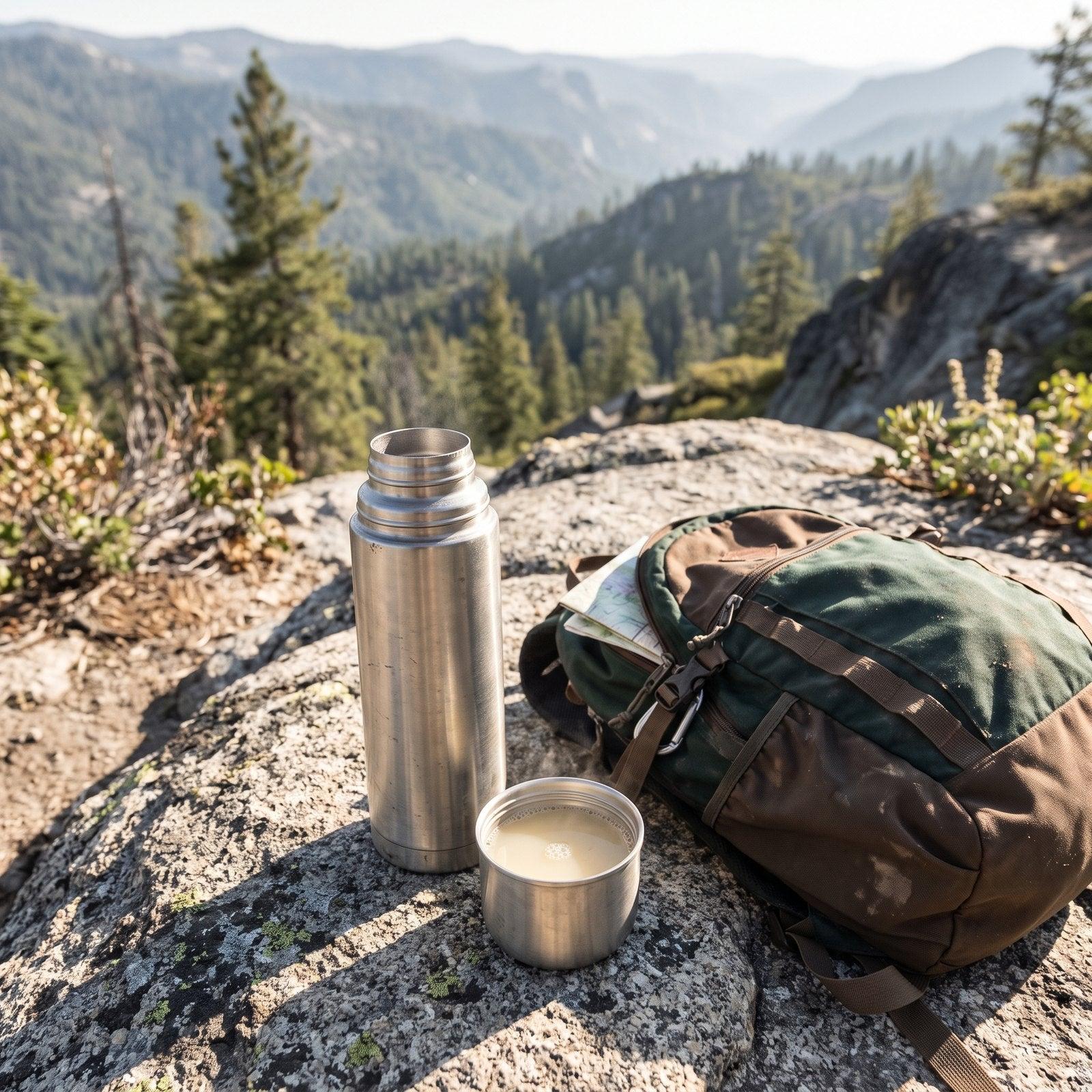 Thermos of pale ginseng tea on a granite boulder at a mountain viewpoint