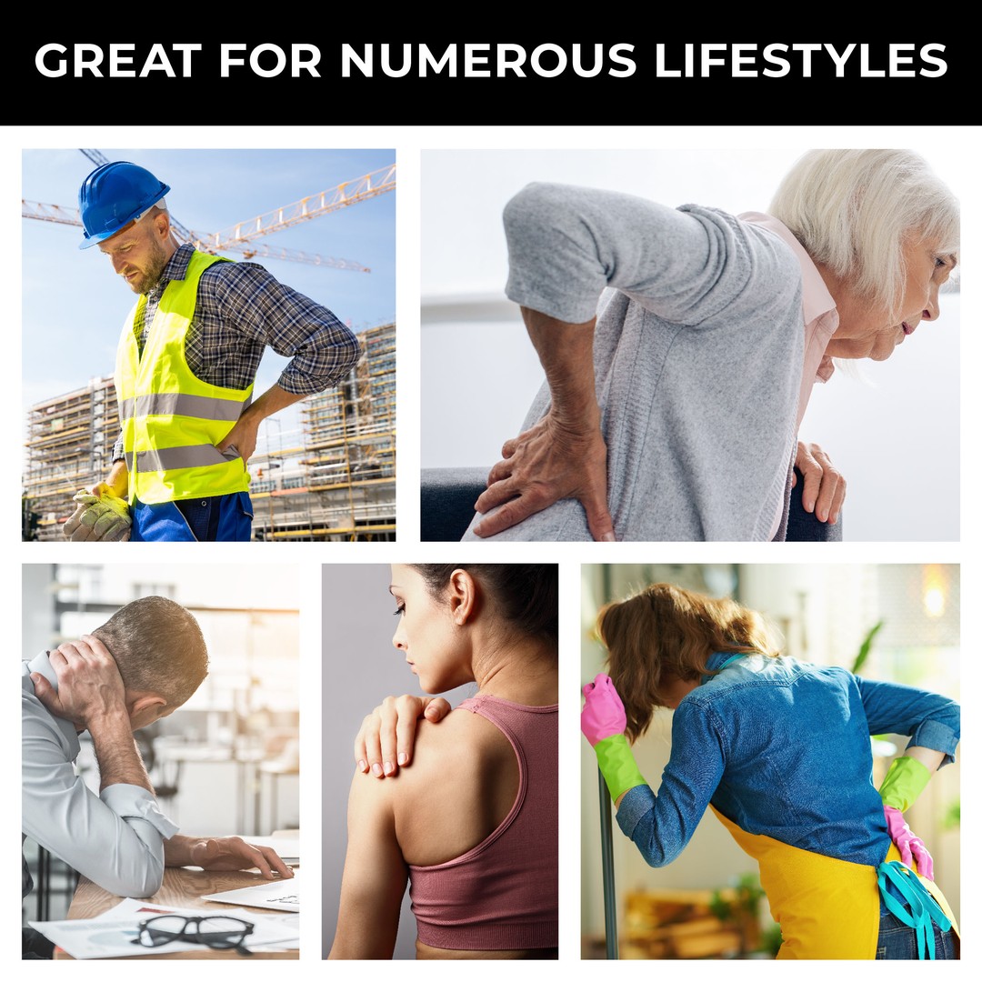 A collage of people in pain. Text, "Great for numerous lifestyles"